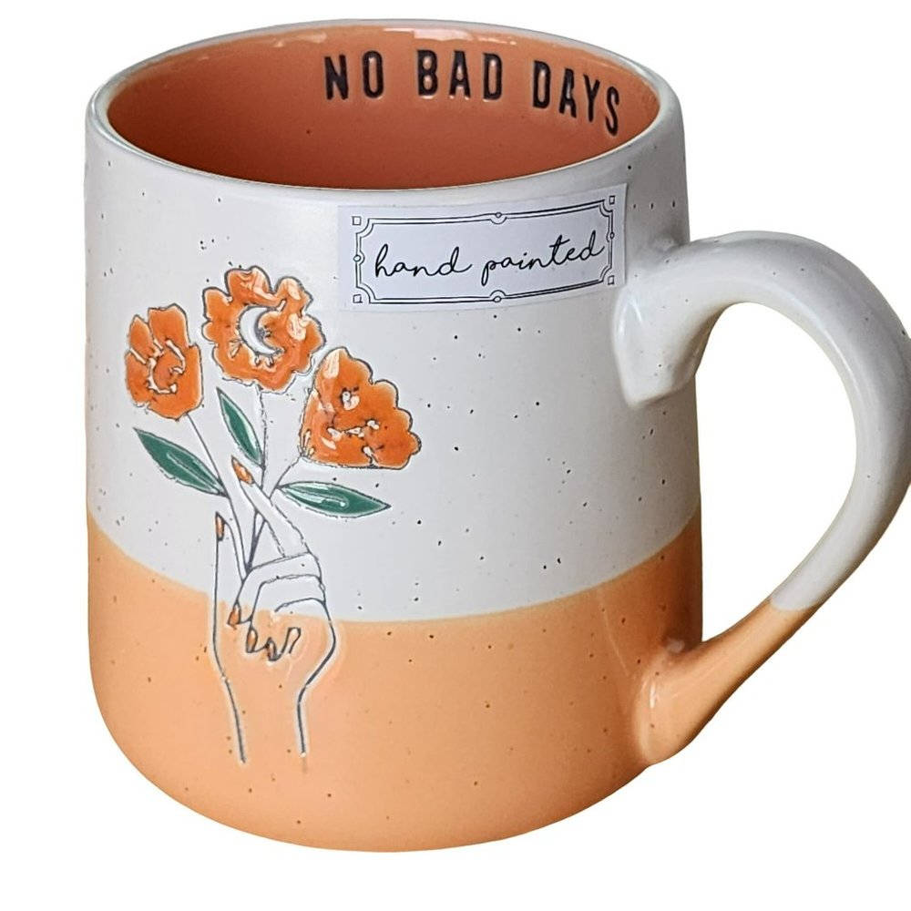 No Bad Days Shabby Chic Ceramic Coffee Mug Hand Painted Peach‎ And White 16oz